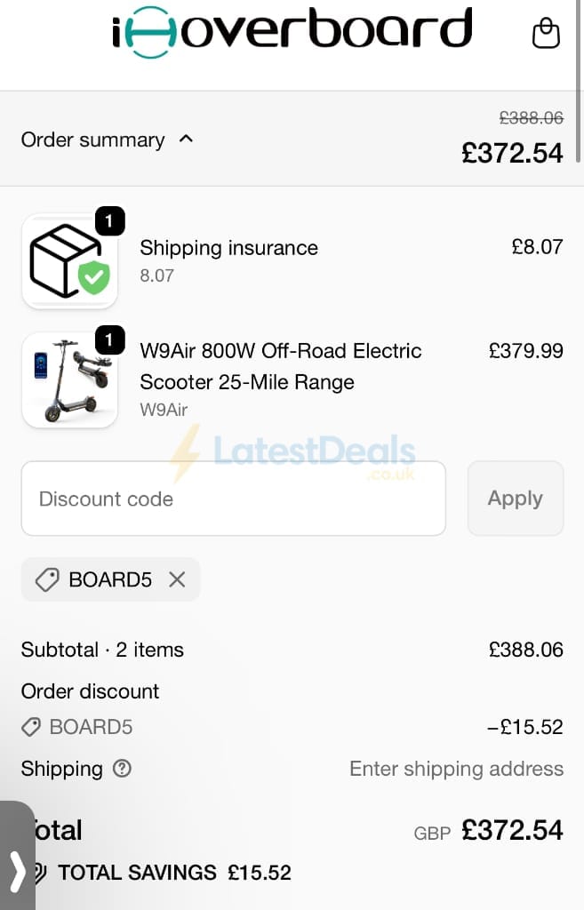 Screenshot of the IHoverBoard discount code working