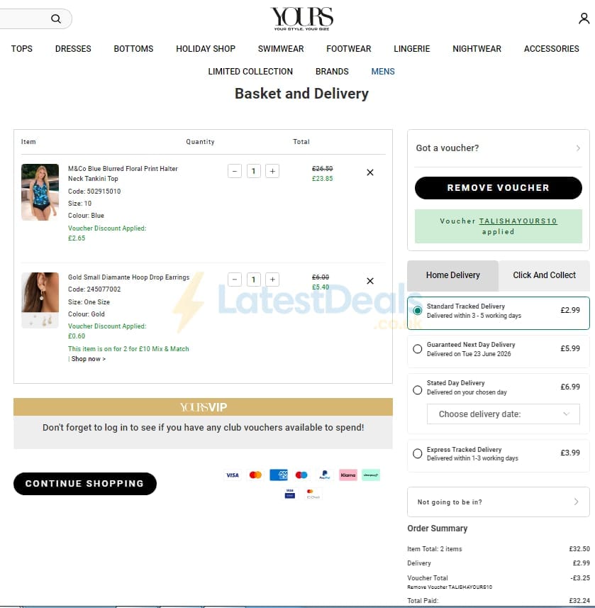 Screenshot of the Yours Clothing discount code working