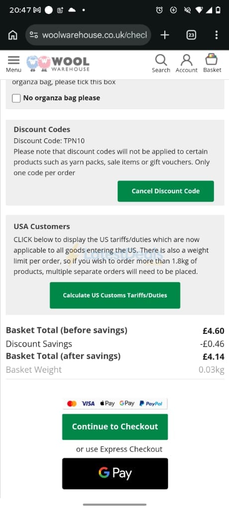 Screenshot of the Wool Warehouse discount code working