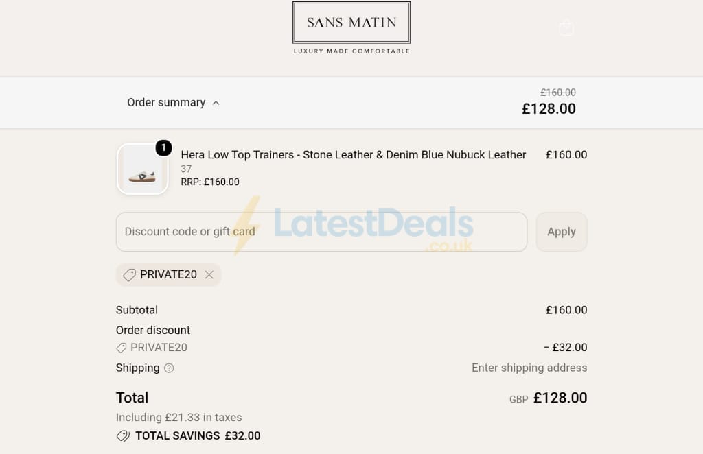 Screenshot of the SANS MATIN discount code working