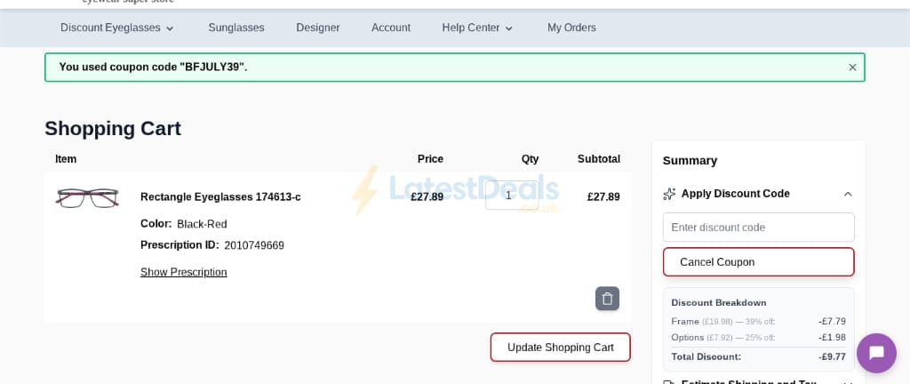 Screenshot of the Goggles4u discount code working