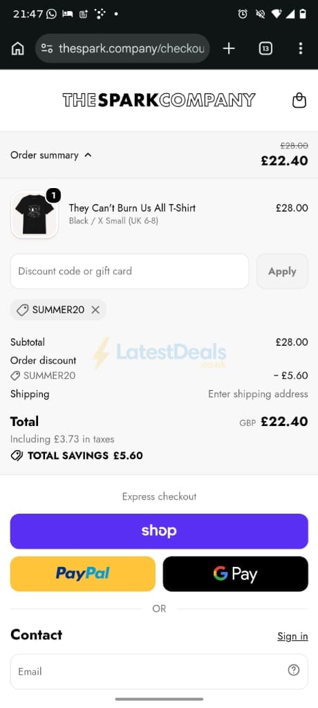 Screenshot of the The Spark Company discount code working