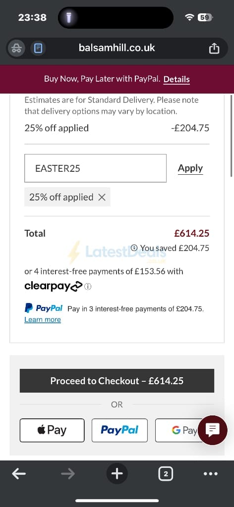 Screenshot of the Balsam Hill discount code working