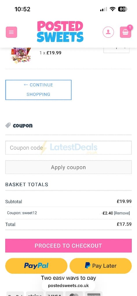 Screenshot of the Posted Sweets discount code working