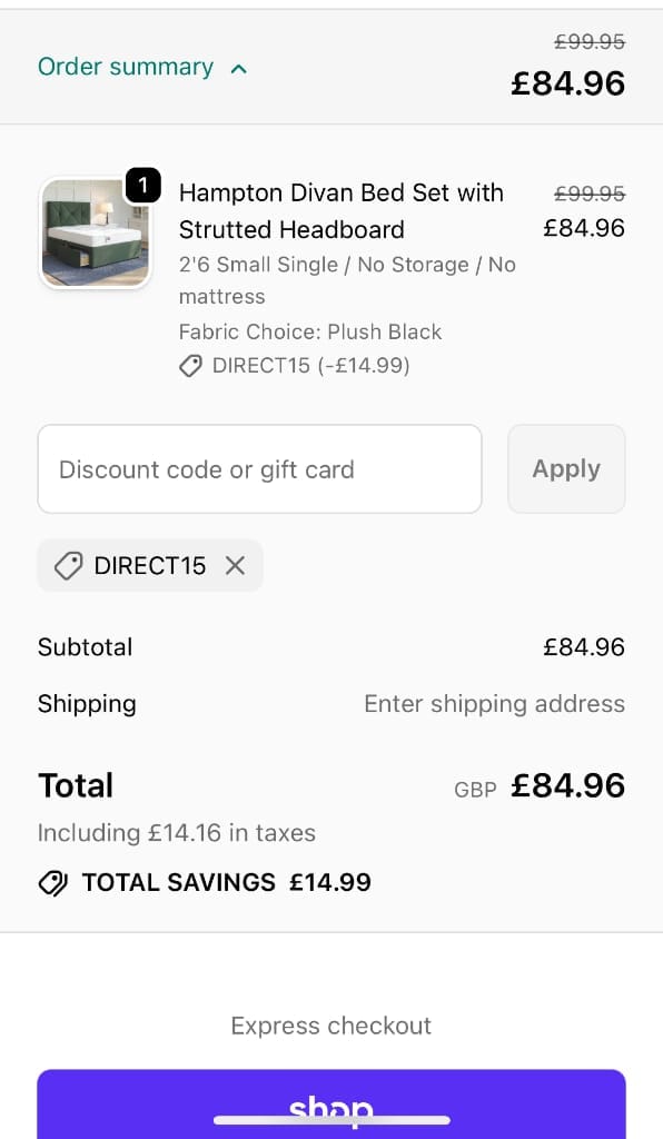Screenshot of the Divan Base Direct discount code working
