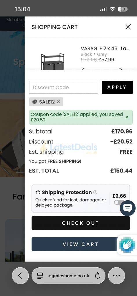 Screenshot of the Songmics discount code working