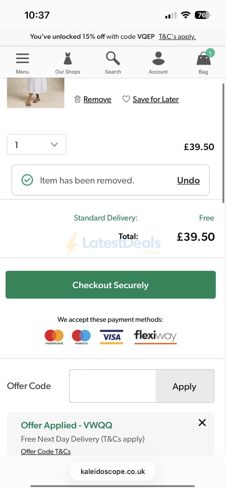 Screenshot of the Kaleidoscope discount code working