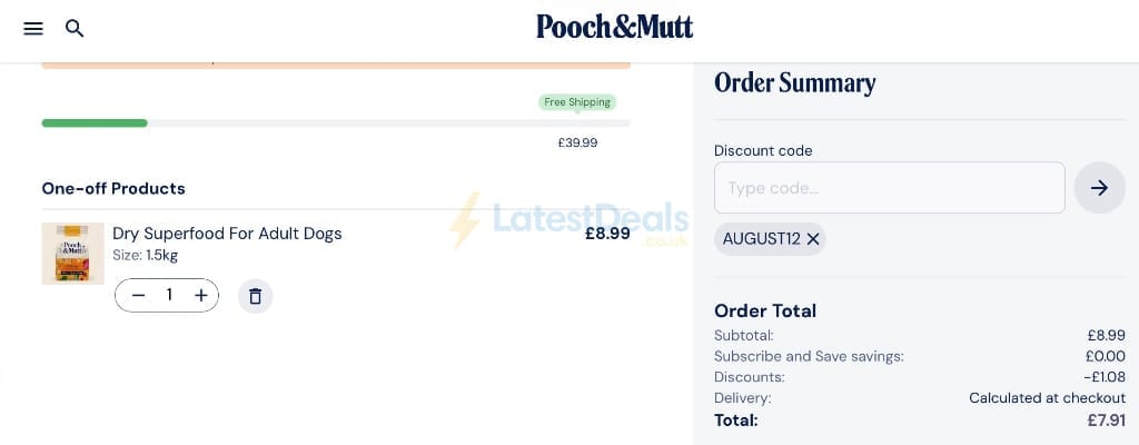 Screenshot of the Pooch & Mutt discount code working