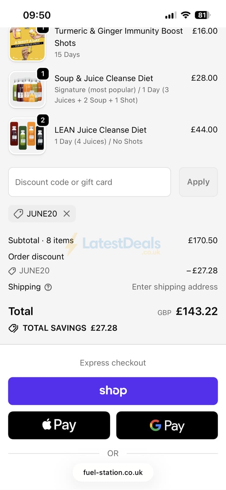 Screenshot of the Fuel Station discount code working