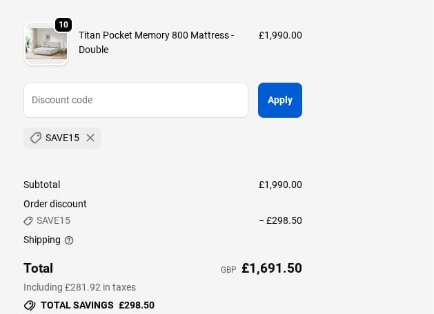 Screenshot of the Bed Factory Direct discount code working