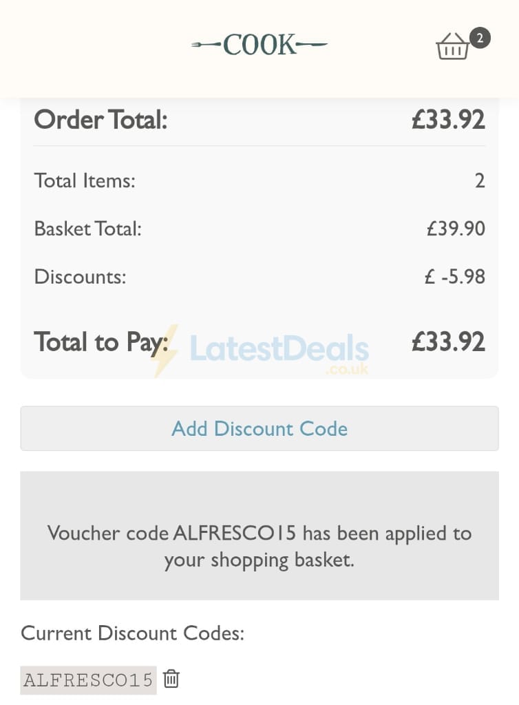 Screenshot of the Cook Food discount code working