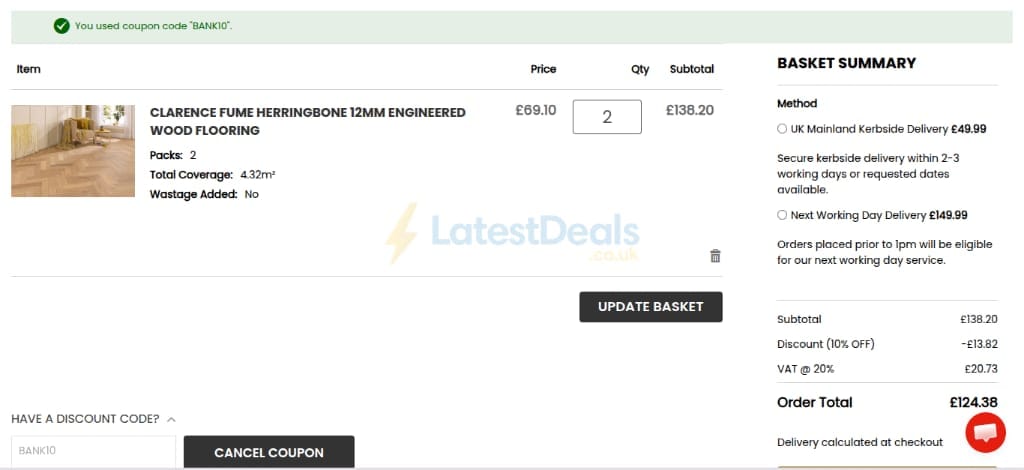 Screenshot of the Lumber King Flooring discount code working