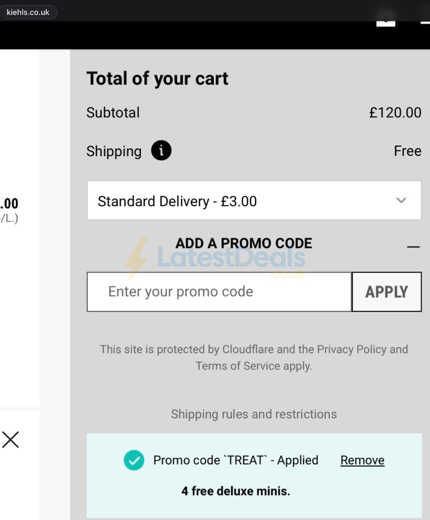 Screenshot of the Kiehl's discount code working