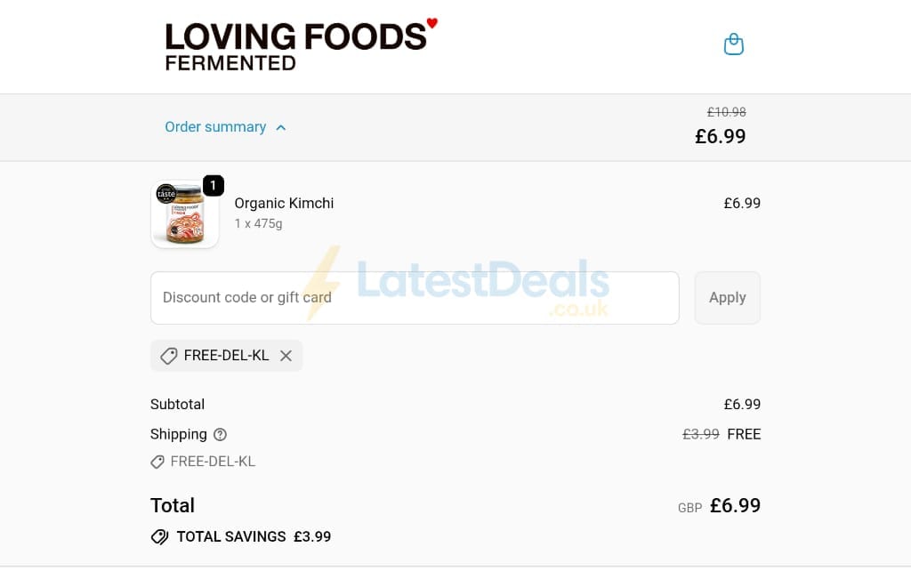 Screenshot of the Loving Foods discount code working