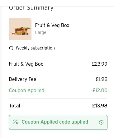 Screenshot of the Oddbox discount code working