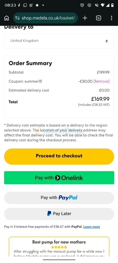 Screenshot of the Medela discount code working