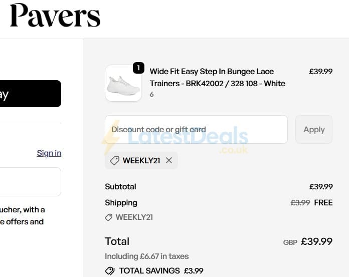 Screenshot of the Pavers discount code working