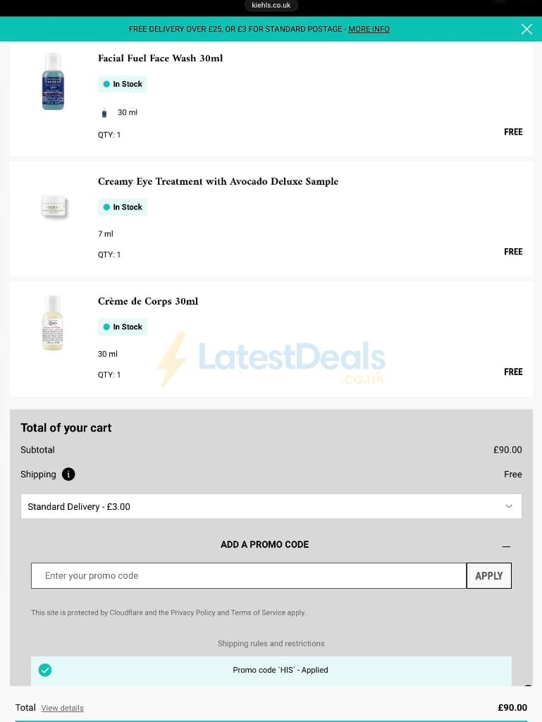 Screenshot of the Kiehl's discount code working