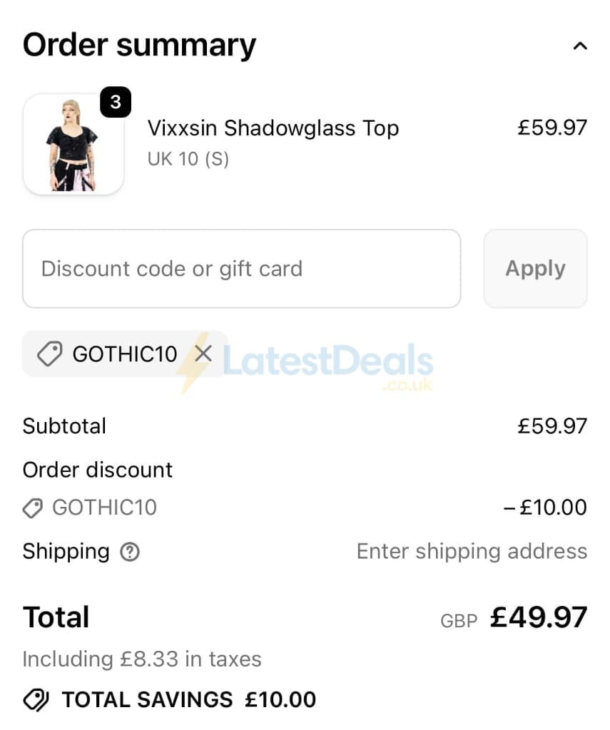 Screenshot of the Kate's Clothing discount code working