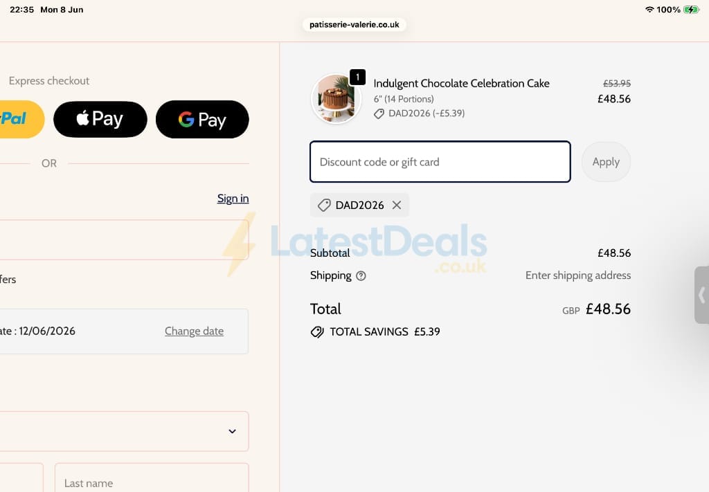 Screenshot of the Patisserie Valerie discount code working