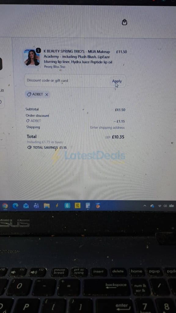 Screenshot of the MUA discount code working
