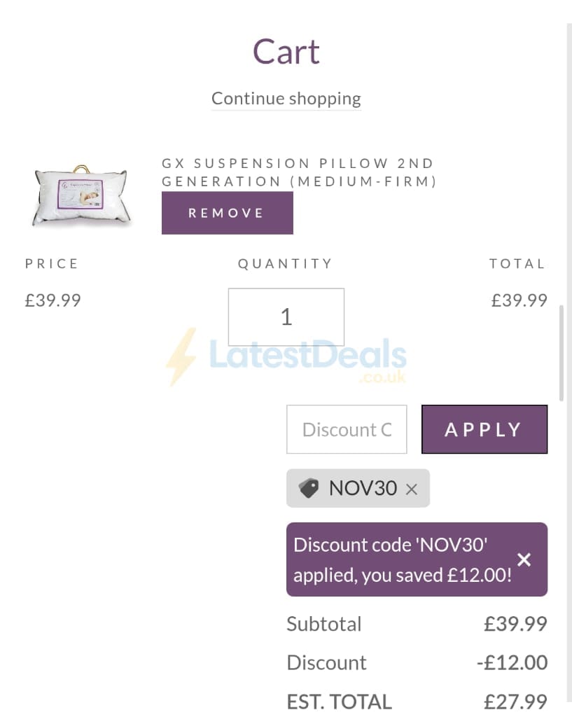Screenshot of the Gx Pillows discount code working
