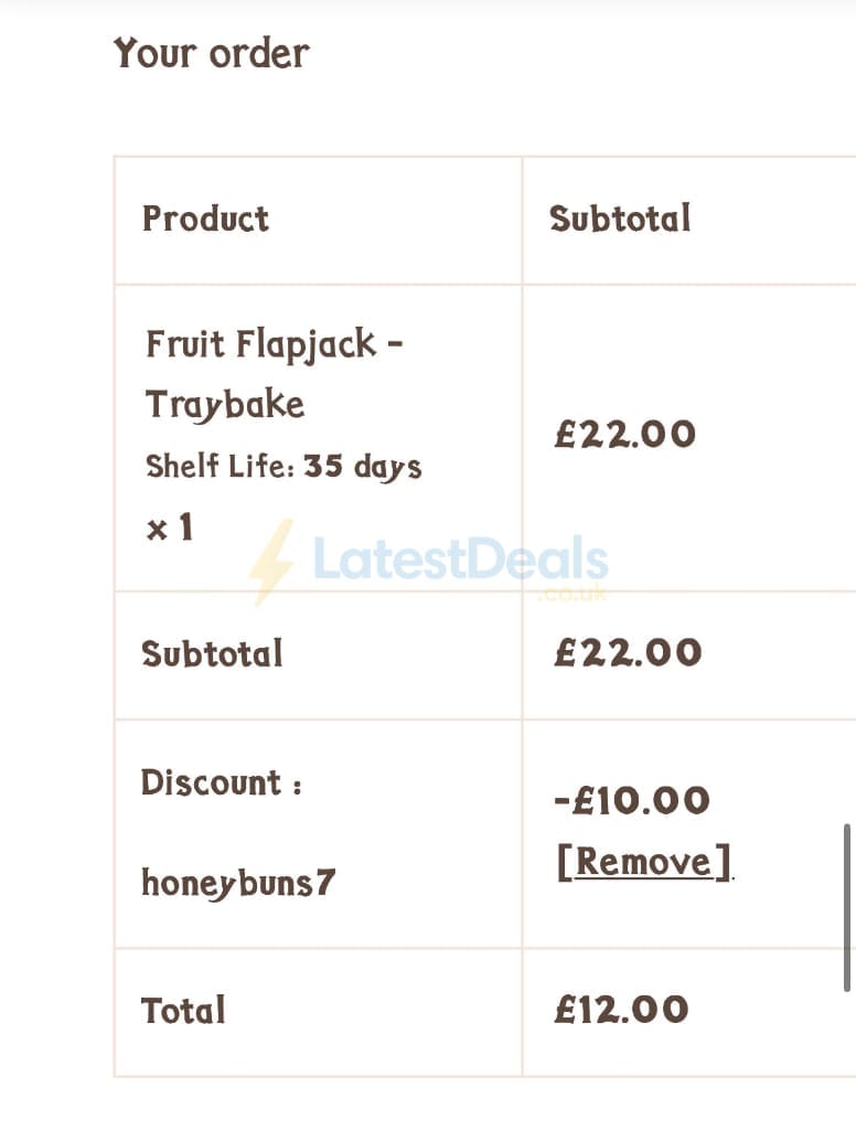 Screenshot of the Honeybuns discount code working