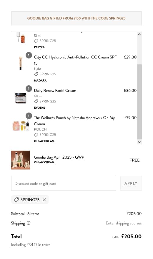 Screenshot of the Oh My Cream discount code working