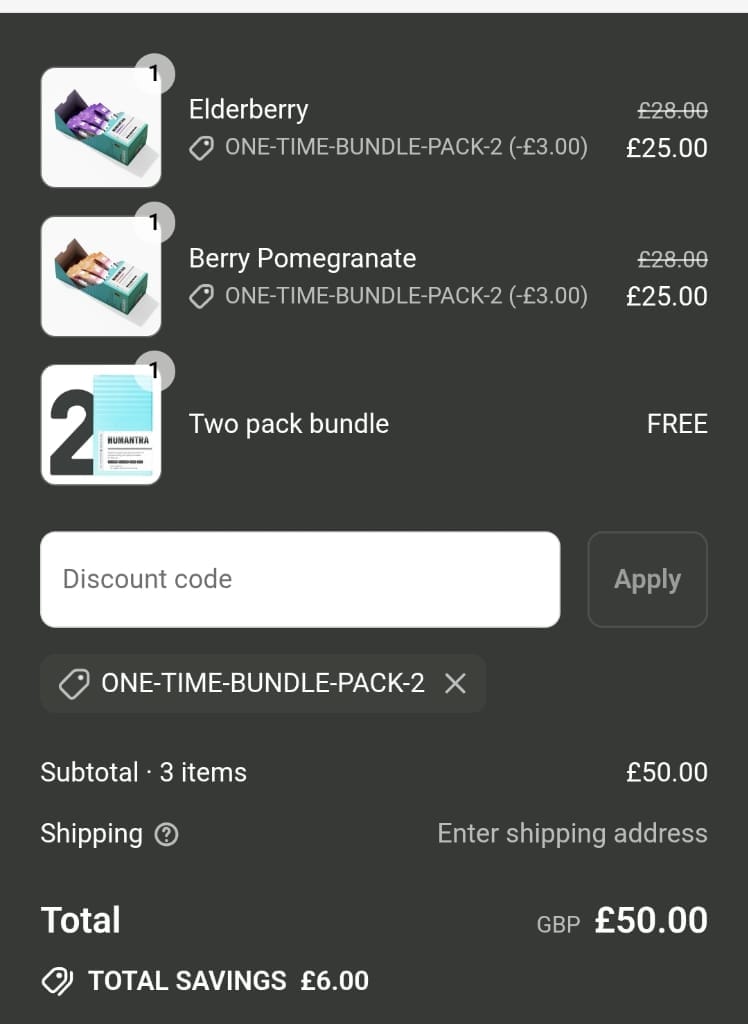Screenshot of the Humantra discount code working