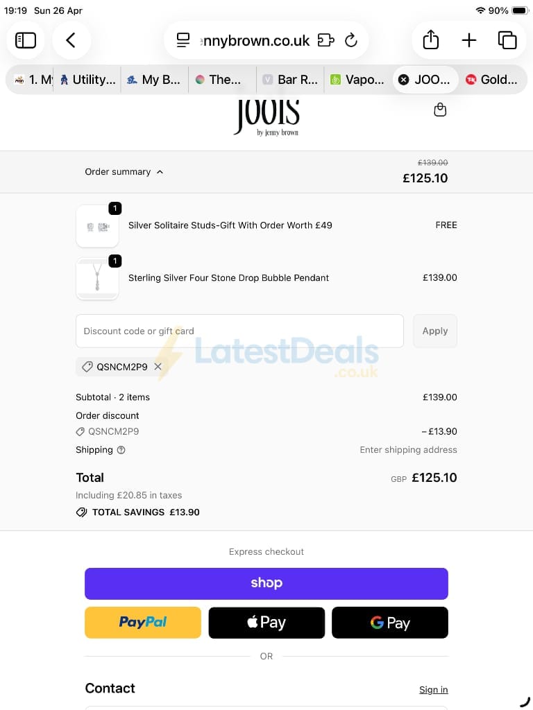 Screenshot of the Jools by Jenny Brown discount code working