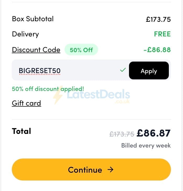 Screenshot of the Prep Kitchen discount code working