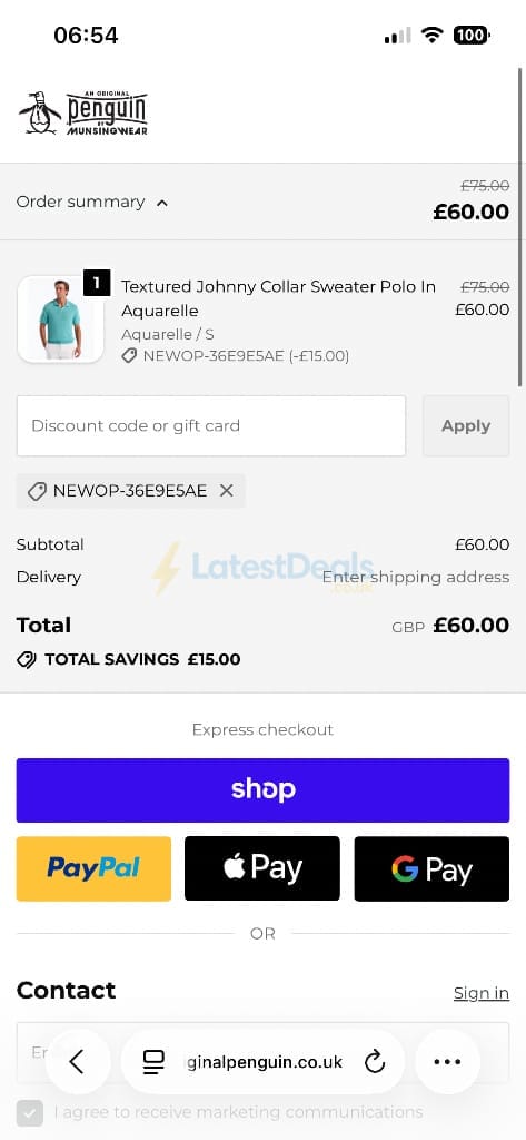 Screenshot of the Original Penguin discount code working