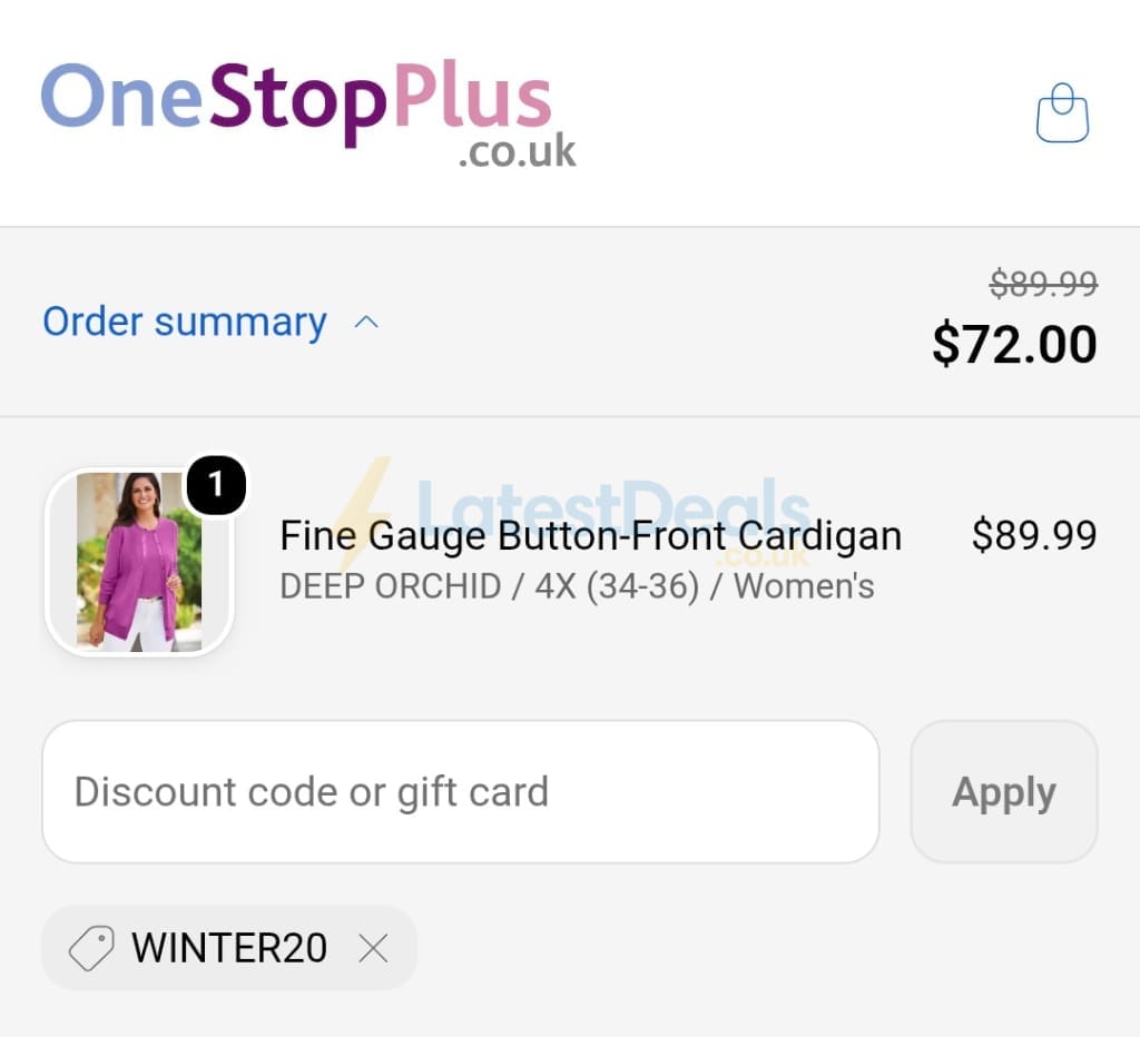 Screenshot of the OneStopPlus discount code working