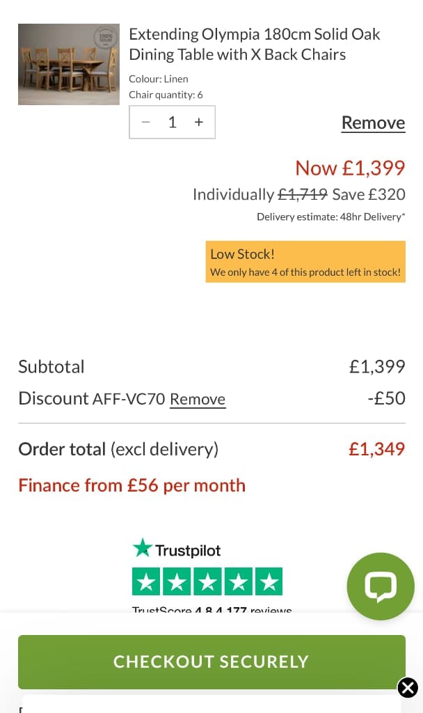 Screenshot of the Oak Furniture Superstore discount code working
