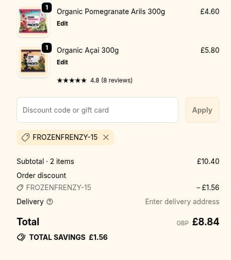 Screenshot of the PACK'D discount code working