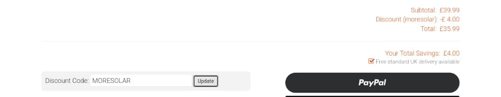 Screenshot of the Solar Centre discount code working