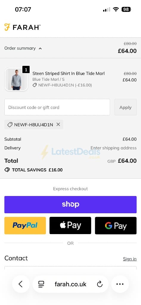 Screenshot of the Farah discount code working