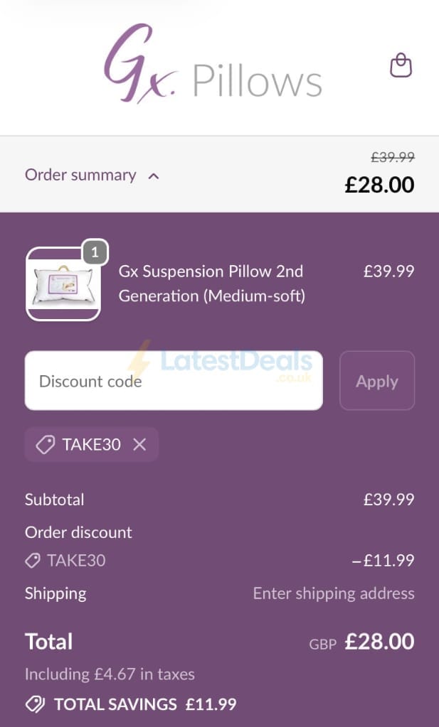 Screenshot of the Gx Pillows discount code working