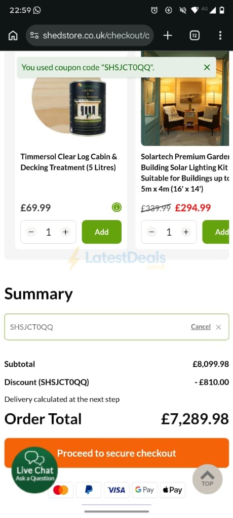 Screenshot of the Shedstore discount code working
