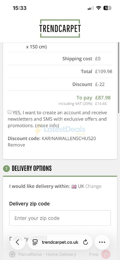 Screenshot of the Trendcarpet discount code working