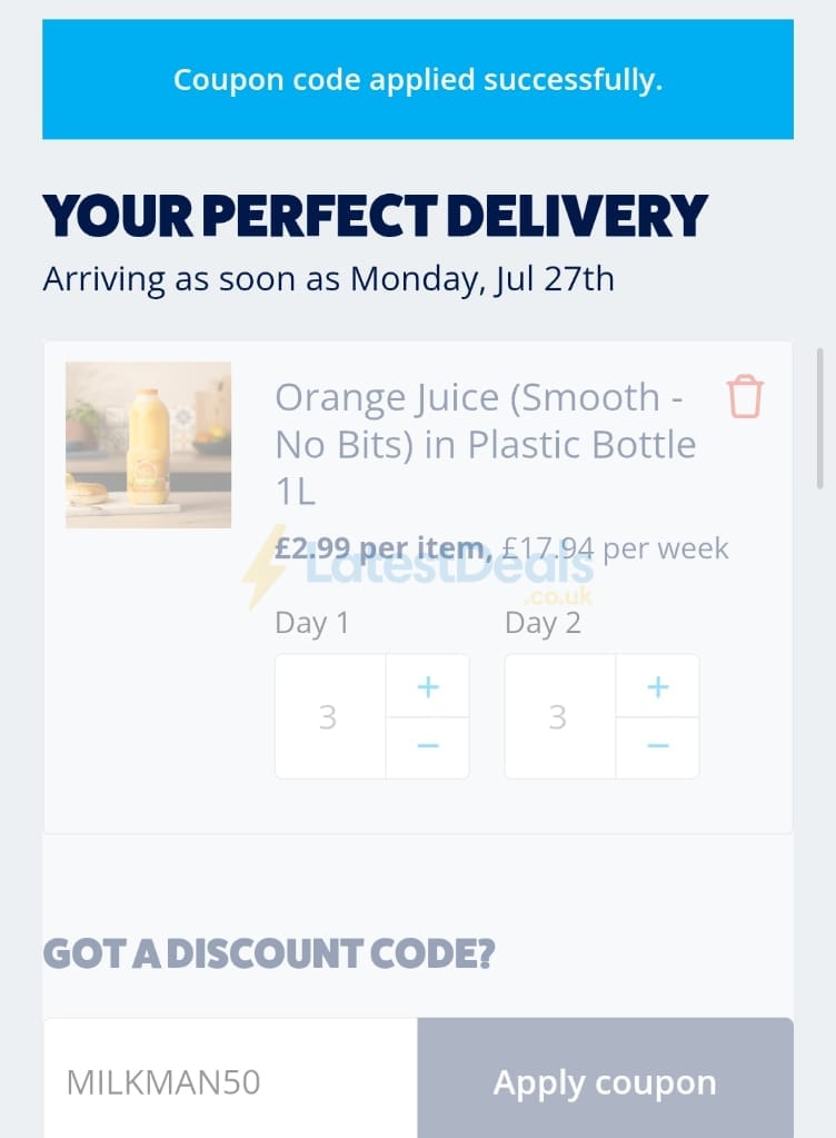 Screenshot of the McQueens Dairies discount code working