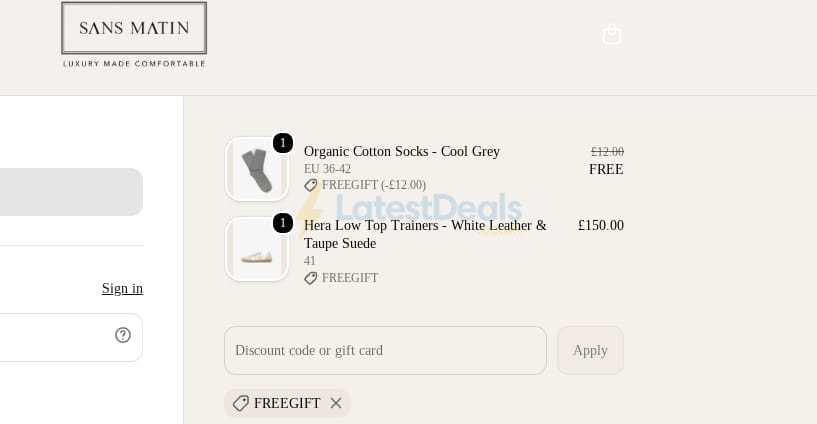 Screenshot of the SANS MATIN discount code working