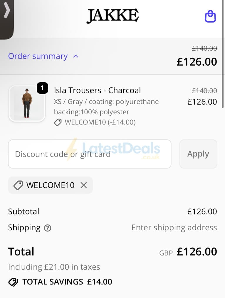 Screenshot of the Jakke discount code working