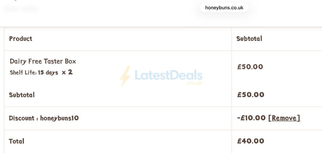 Screenshot of the Honeybuns discount code working