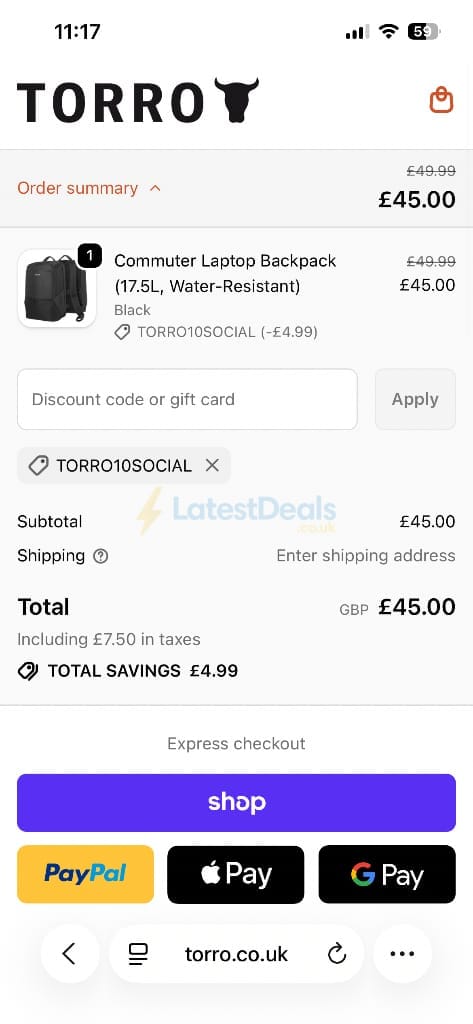 Screenshot of the Torro discount code working