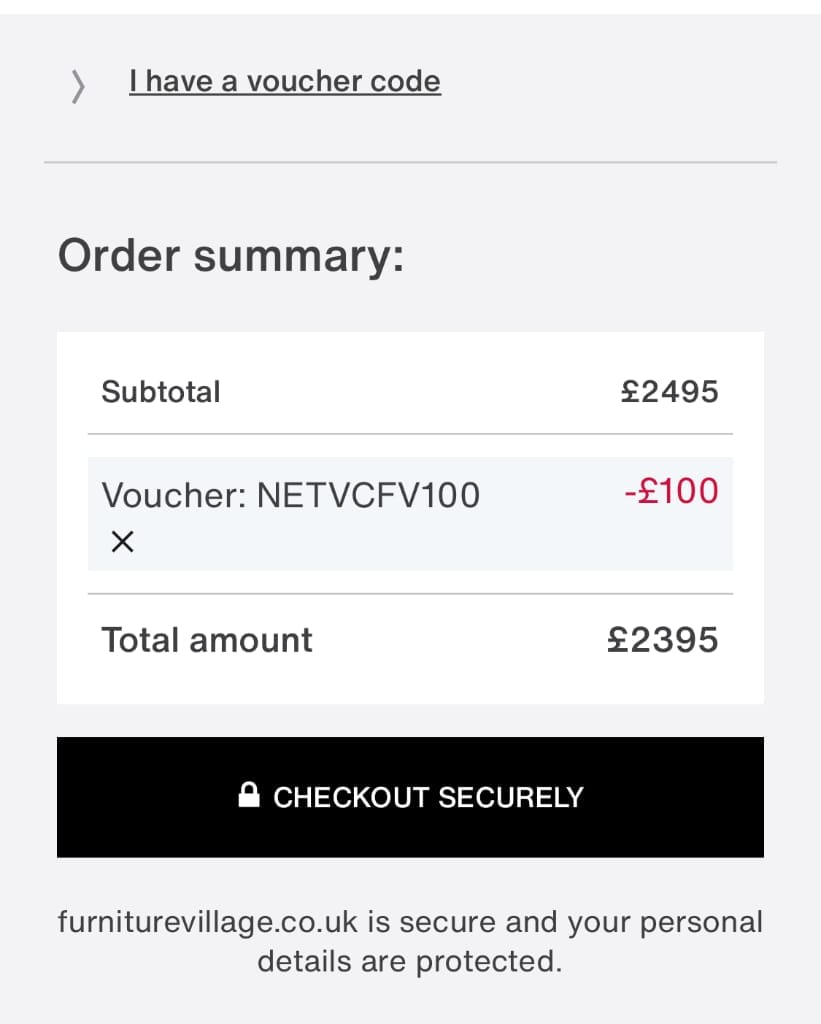 Screenshot of the Furniture Village discount code working