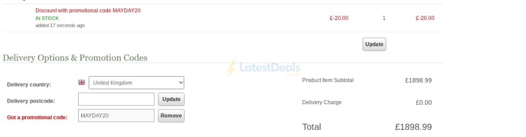Screenshot of the Uttings discount code working