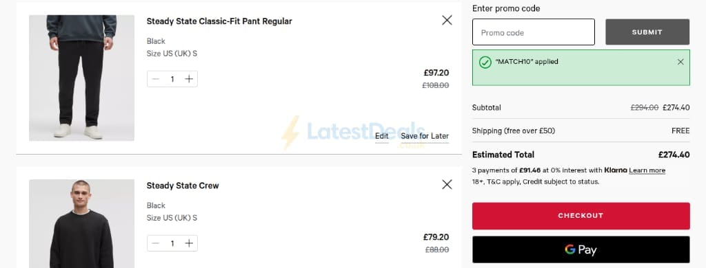 Screenshot of the Lululemon discount code working