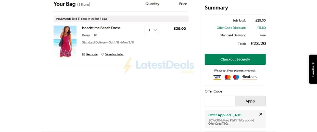 Screenshot of the Grattan discount code working