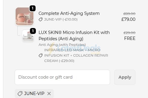 Screenshot of the Lux Skin discount code working